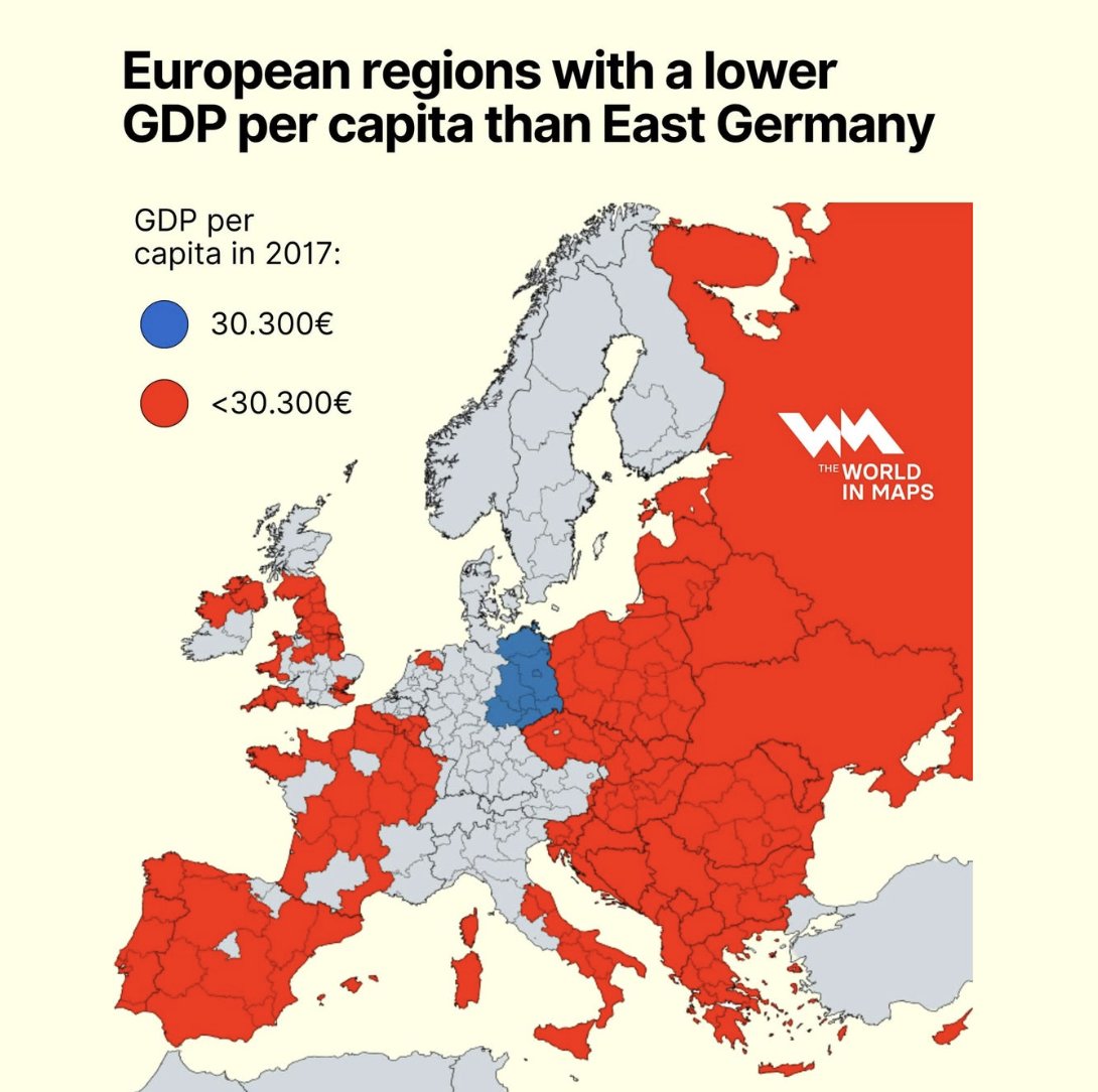 Communism was bad for growth. 30-some years later, you can still trace out  the iron curtain. And this despite the growth miracle in the EE countries  that joined the EU., image size:1090x1084