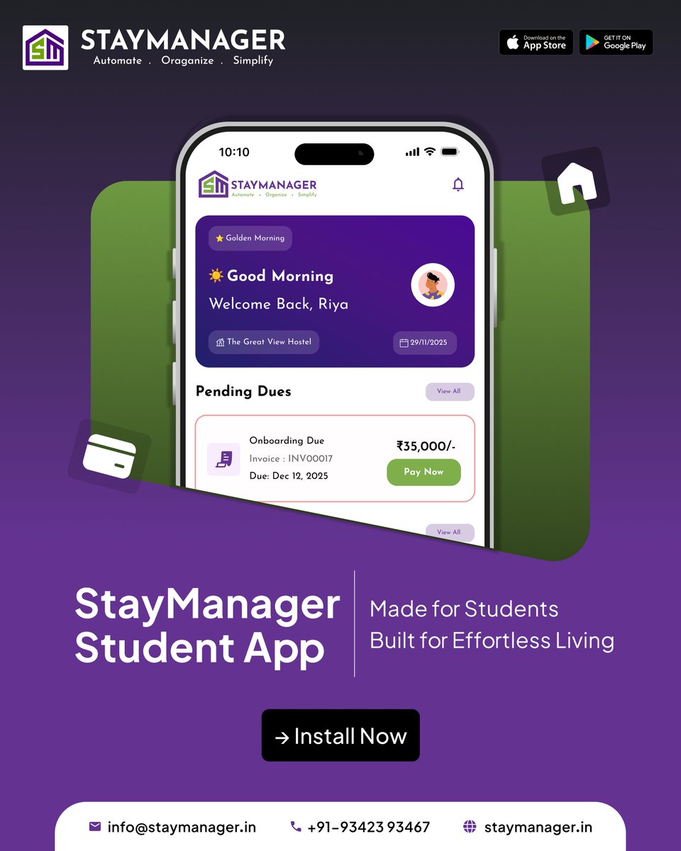 staymanager_in's tweet photo. Students donโt want โprocess.โ
They want: pay rent fast, get updates quickly,raise complaints without begging on WhatsApp
๐Tell your students they deserve an easier life
๐See how smooth it getsโhttps://t.co/59qoy0u1Tt
#staymanager #studentapp #hostellife #digitalhostel #living https://t.co/OveRpk5sPc