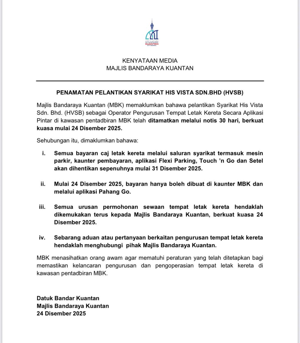 pahang_media's tweet image. KENYATAAN MEDIA MAJLIS BANDARAYA KUANTAN |

PENAMATAN PELANTIKAN SYARIKAT HIS VISTA SDN BHD ( HSVB )