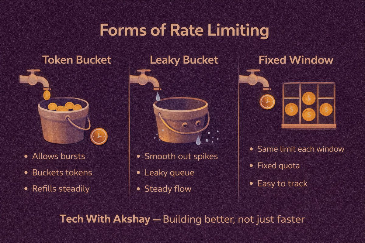 its_akshya's tweet photo. Rate limiting is how systems stay alive under pressure.
Token bucket handles bursts.
Leaky bucket smooths traffic.
Fixed window is simple but imprecise.
Choose based on traffic shape, not convenience.
@systemdesign @backend @awscloud
#SystemDesign #APIDesign #RateLimiting #Scalability #BackendEngineering
#nodejs #nestjs