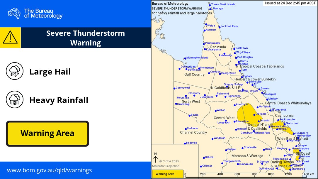 BOM_Qld's tweet image. ⚠️⛈️Severe Thunderstorm Warning for HEAVY RAINFALL

Severe storms continue to develop in the southeast and the Central Highlands this afternoon.

#Brisbane #Bundaberg #Emerald #Clermont #Ipswich #MountMorgan #Baralaba #Calliope #Kilcoy #Nambour #Samford

bom.gov.au/warning/severe…