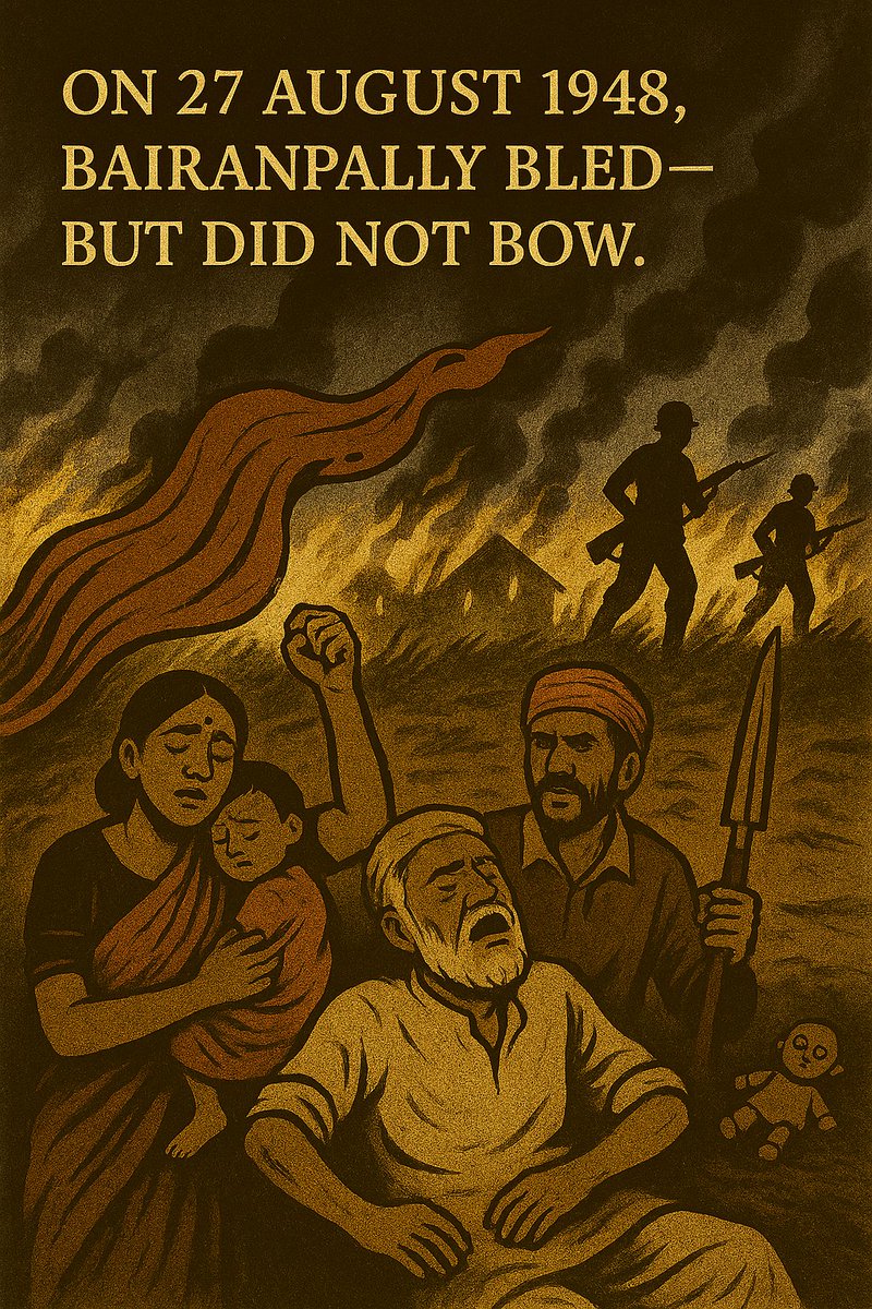 SadaaShree's tweet photo. The upcoming Telugu movie #Champion has the 1948 Bairanpally massacre as the backdrop.

What was the Bairanpally massacre all about?

Often called Telangana's own Jallianwala Bagh, the massacre took place on August 17, 1948 when the Razakars in collaboration with the Nizam's police killed around 200 residents of this village in Siddipet district, who were resisting the Nizam.

Immadi Rajareddy, Dubburi Ramireddy had mobilized the residents against the Razakars, as they fought back with stones, sling shots, sickles, crowbards ambushing them.

Twice the residents of Bairanpalli had driven back the Razakars, which made them more determined to destroy the village.  In August with the help of the Nizam State police, around 1200 Razakars descended on the village.

That night turned out to be a night of endless horror for the residents. Around 118 villagers were made to stand in a line and shot dead.  The Razakars took pleasure in seeing how many villagers they could shoot dead with one bullet.

92 were shot dead in a single day, women raped, paraded naked. Homes were looted, burnt down. None were spared, women, children, elderly.  

On one side, people in India were celebrating the freedom, and on another side, the residents of Bairanpally were being brutally massacred for standing up to the Nizam.

Bairanpally stands today as a symbol of the Razakar's atrocities.  The mud fort built by the villagers to protect themselves stands as a testimony to it's history.

#LestWeForget