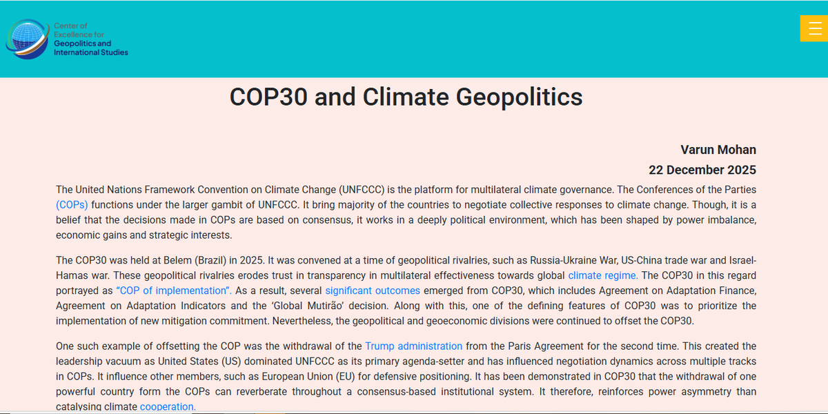REVA_CEGIS's tweet photo. Mr. Varun Mohan, Assistant Professor, School of Geopolitics and Public Policy,@REVAUniversity, has shared insightful perspectives in his latest commentary on “COP30 and Climate Geopolitics.” Find the full article on: https://t.co/pVYConjsWf @DaveSolanki @Natureislov @varun_mohan_ https://t.co/bA8CpH6o0Z