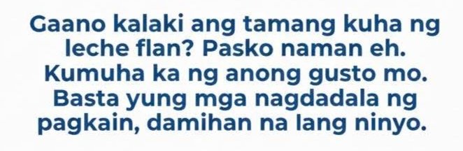 B3yond_Bl3ss3d's tweet photo. This is a selfish person's mindset. When it comes to portions, we try to consider a couple of things:
1. How many leche flans are there?
2. How many people are there?
If the food is for sharing then we have to be mindful of other people as well.
Same din kaya mindset in gov't? https://t.co/vC9CBlRdGQ