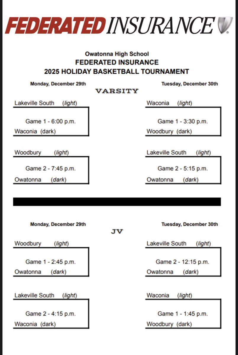 6 more days until the Federated Holiday Classic Tournament

$10 admission (card or cash), 5 &amp; under free

Owatonna Federated Gymnasium