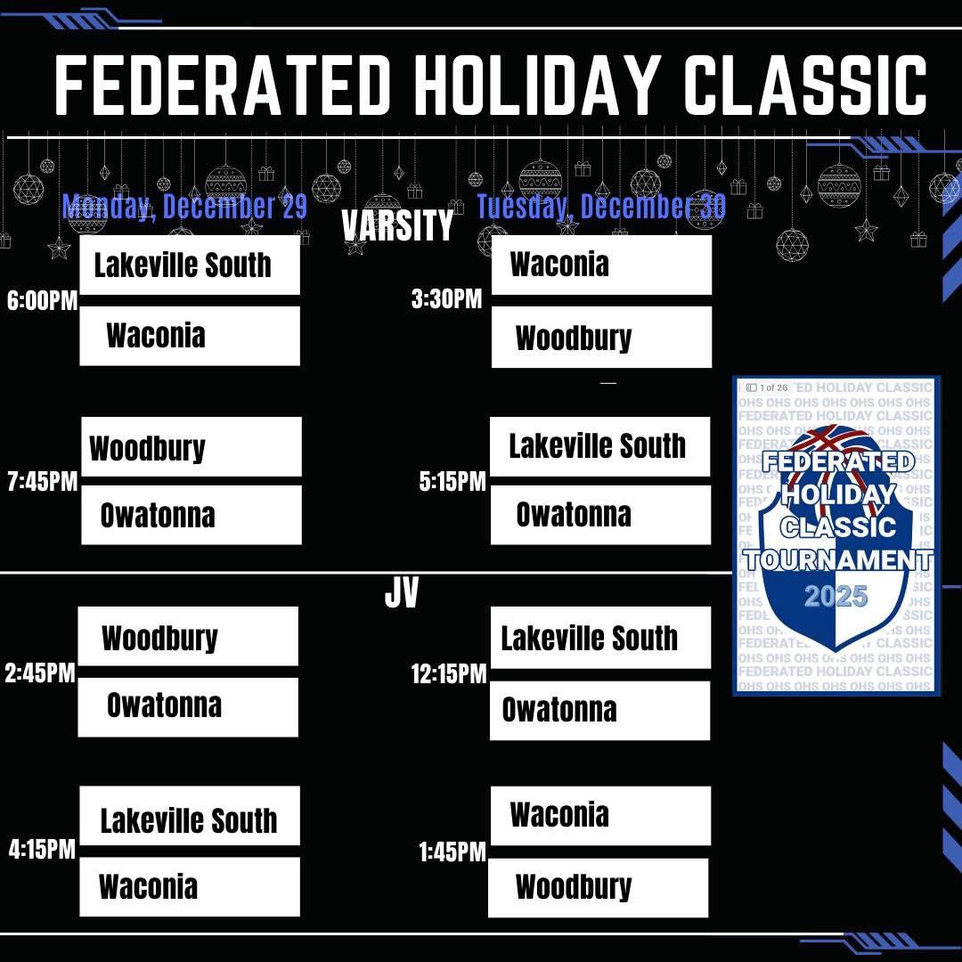 OwaBoysHoops's tweet photo. 6 more days until the Federated Holiday Classic Tournament

$10 admission (card or cash), 5 &amp; under free

Owatonna Federated Gymnasium https://t.co/WIsrchcMTh