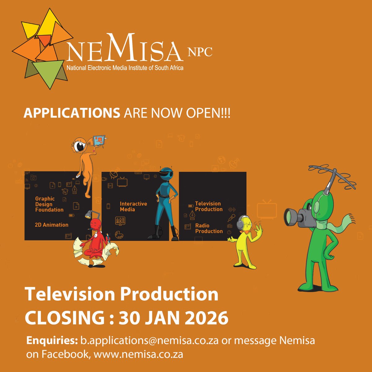 APPLICATIONS ARE NOW OPEN! 🎓
NEMISA is now accepting applications for 2026 in 🎙️Radio Production
📅 Closing Date: 30 January 2026. Apply forms.office.com/r/0HvJvpGFZa
📍 Face-to-face training | No tuition fees
📩 Enquiries: b.applications@nemisa.co.za
#nemisa #nemisaskillstraining
