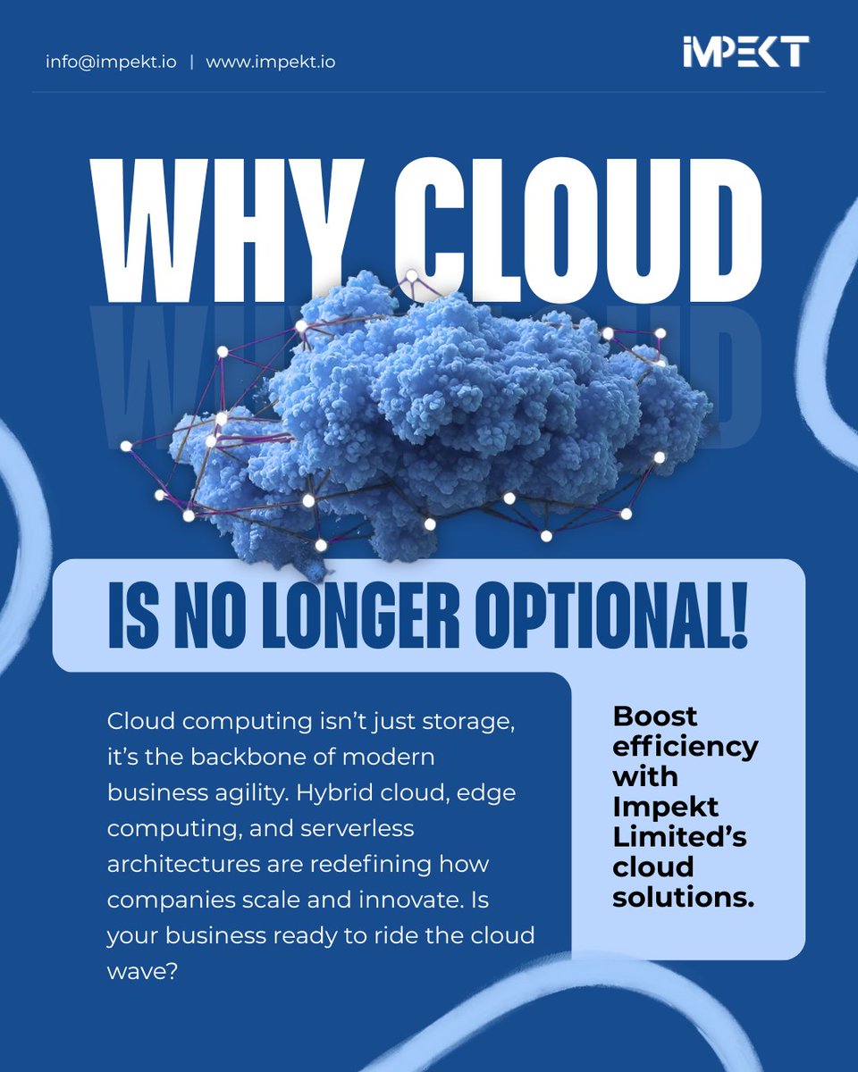 IMPEKTdigital's tweet photo. Cloud computing is now a strategic necessity, powering agility, scalability, and innovation through hybrid, edge, and serverless architectures.

#CloudComputing #HybridCloud #EdgeComputing #Serverless #DigitalInfrastructure #BusinessAgility #ImpektLimited https://t.co/cNV9w9ofXE