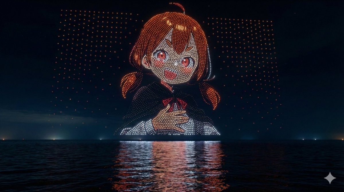 schnapoon's tweet image. 【Nano Banana Proでドローンアート】

参照画像のイラストを使ったドローンアートを作成
参照画像の特徴を変えれば、好きなキャラクターのドローンアートが作成可能

プロンプト：
[参照画像の特徴：茶色の髪、短いツインテール、赤い瞳、黒いマントを羽織っている、白いシャツ、上半身]…