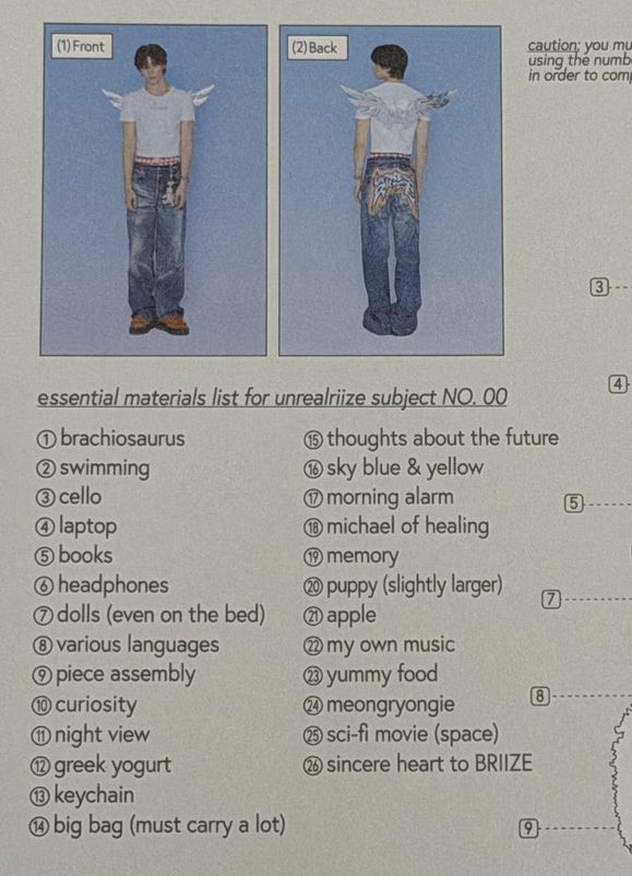 รายการสิ่งจำเป็นของ No.00 (Anton)
1.ไดโนเสาร์บราคิโอซอรัส
2.การว่ายน้ำ
3.เชลโล่
4.แล็ปท็อป
5.หนังสือ
6.เฮดโฟน
7.ตุ๊กตา (แม้แต่บนเตียงก็ต้องมี)
8.ภาษาต่างๆ
9.การต่อชิ้นส่วน
10.ความอยากรู้อยากเห็น
11.วิวกลางคืน
12.กรีกโยเกิร์ต
13.พวงกุญแจ
14.กระเป๋าใบใหญ่ (ต้องใส่ของได้เยอะ)
