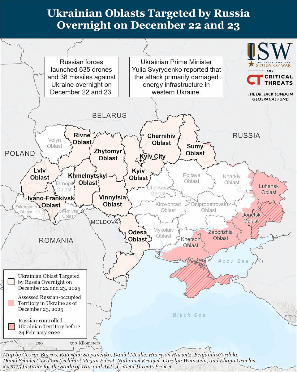 TheStudyofWar's tweet image. NEW: Russia conducted another large-scale combined missile and drone strike against Ukraine overnight on December 22 and 23, primarily targeting energy infrastructure in western Ukraine.

Other Key Takeaways:

Russian forces conducted a reduced battalion-sized mechanized assault…