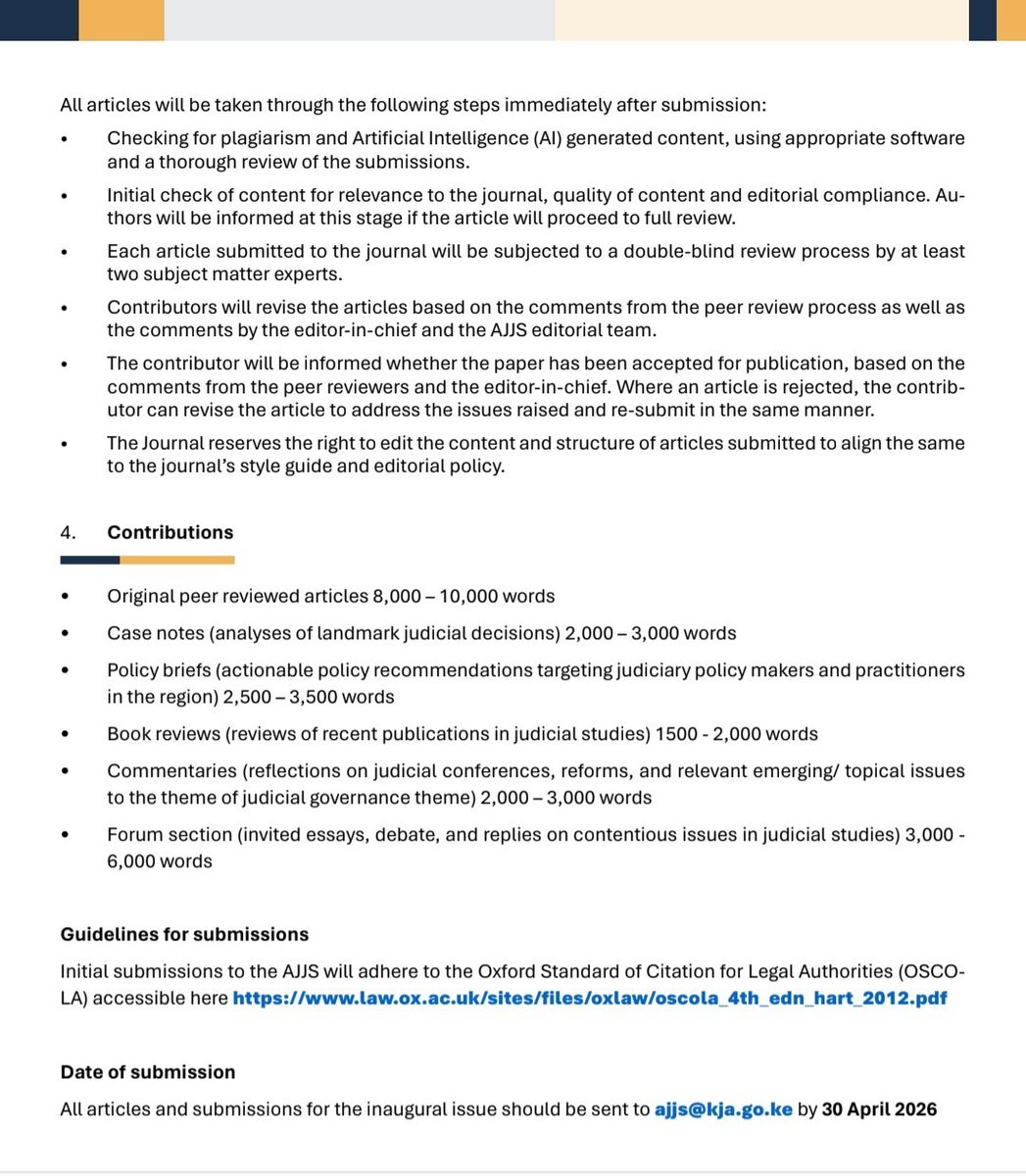 AFRICA JOURNAL OF JUDICIAL SCIENCE: CALL FOR PAPERS 
The Kenya Judiciary Academy (KJA) is pleased to announce a Call for Papers for the inaugural issue of the African Journal of Judicial Science. The AJJS is an initiative of the KJA, designed as a platform for intellectual