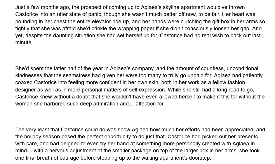laurel_hells's tweet photo. ok small castlaea snippet, i'll hopefully post the full thing tomorrow orr the next day depending on how busy things get for christmas eve .. tfem cas crumbs shoved in there somewhere ( context : modern au / both are fashion designers ) https://t.co/pQtNOCH227