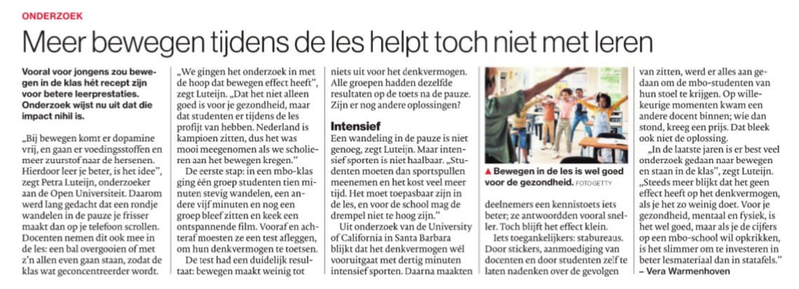 AD 24/12/25: 'Meer bewegen tijdens de les helpt toch niet met leren'. #onderwijs