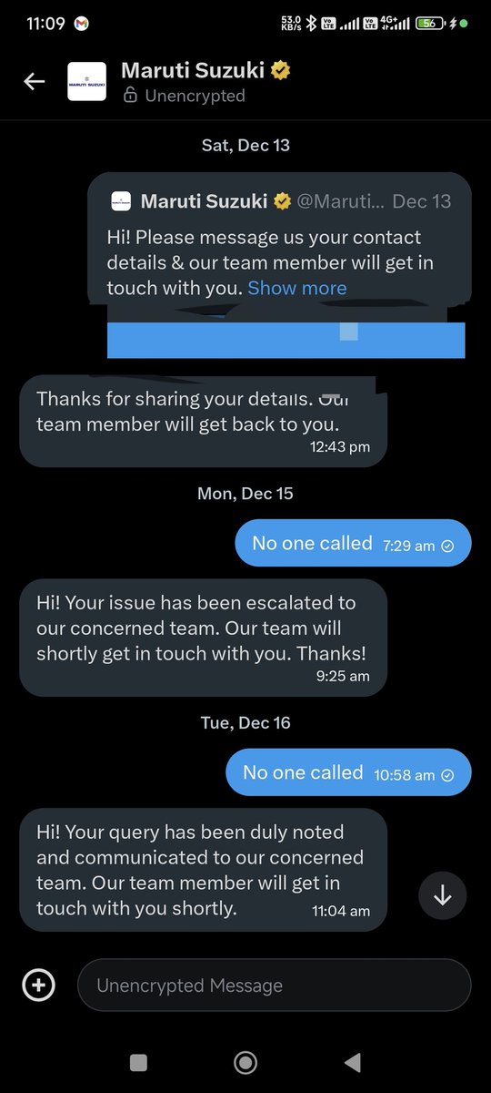 not_done_'s tweet image. My experience with Maruti support.  Social media does not respond to DMs, dealer does not respond, mails to leadership don't respond.  For sure will never buy a @Maruti_Corp car. @MSArenaOfficial @maruti @HyundaiIndia @TataMotors @anandmahindra @Toyota_India #poorcustomerservice