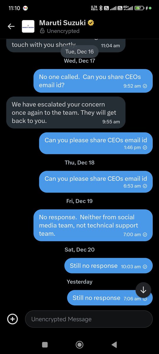 not_done_'s tweet image. My experience with Maruti support.  Social media does not respond to DMs, dealer does not respond, mails to leadership don't respond.  For sure will never buy a @Maruti_Corp car. @MSArenaOfficial @maruti @HyundaiIndia @TataMotors @anandmahindra @Toyota_India #poorcustomerservice