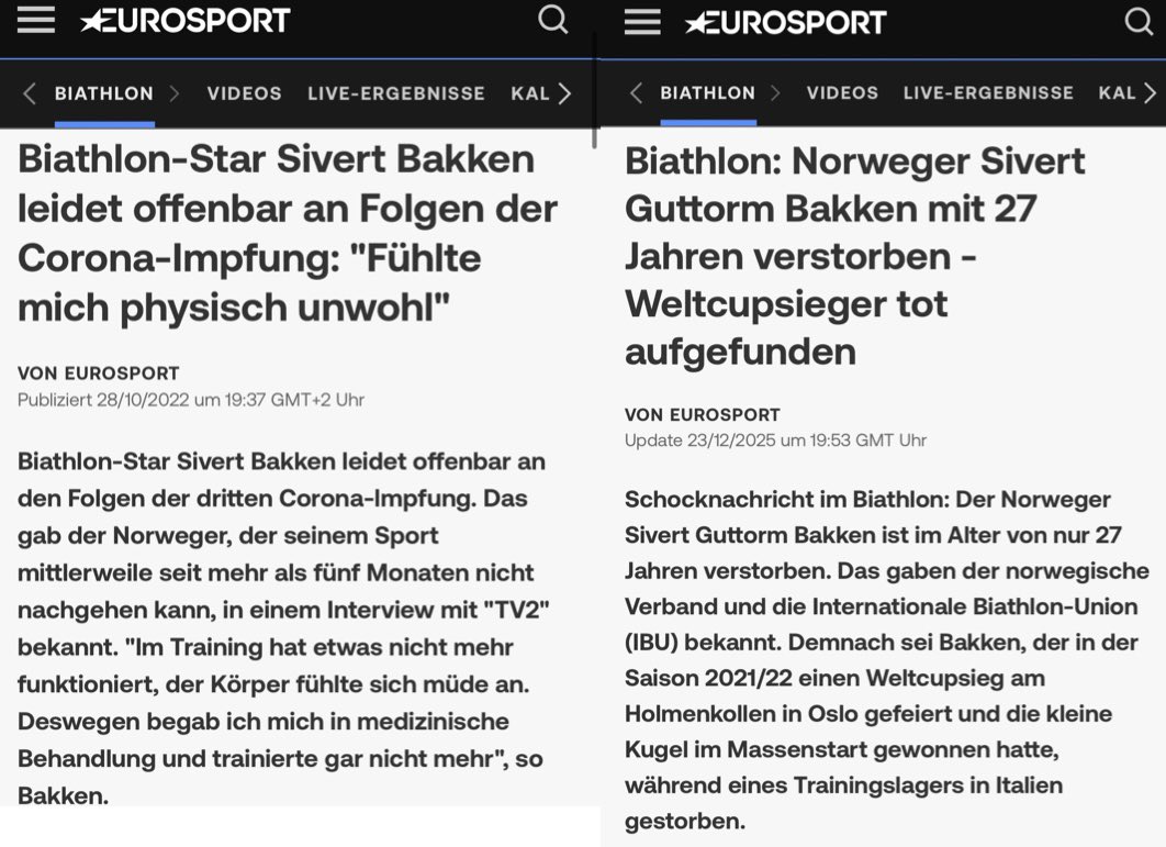 Sivert Bakken, norwegischer Biathlon-Star hatte seit Mai 2022 nach Booster unter einer Myokarditis gelitten. Er hat mehrfach bestätigt, dass die Genspritze die Ursache gewesen sei.

Basierend auf norwegischen Medienberichten und Interviews soll er sich vor seinem Tod vollständig