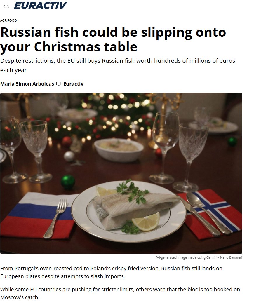 "Die EU hat diesen Importen ab 2024 jegliche Zollsenkungen gestrichen, aber im selben Jahr (2025) kaufte sie dennoch russischen Fisch im Wert von 709 Millionen Euro. Der größte Teil davon ging in die Niederlande, nach Deutschland, Frankreich und Polen."

Vorsicht! Nach dem