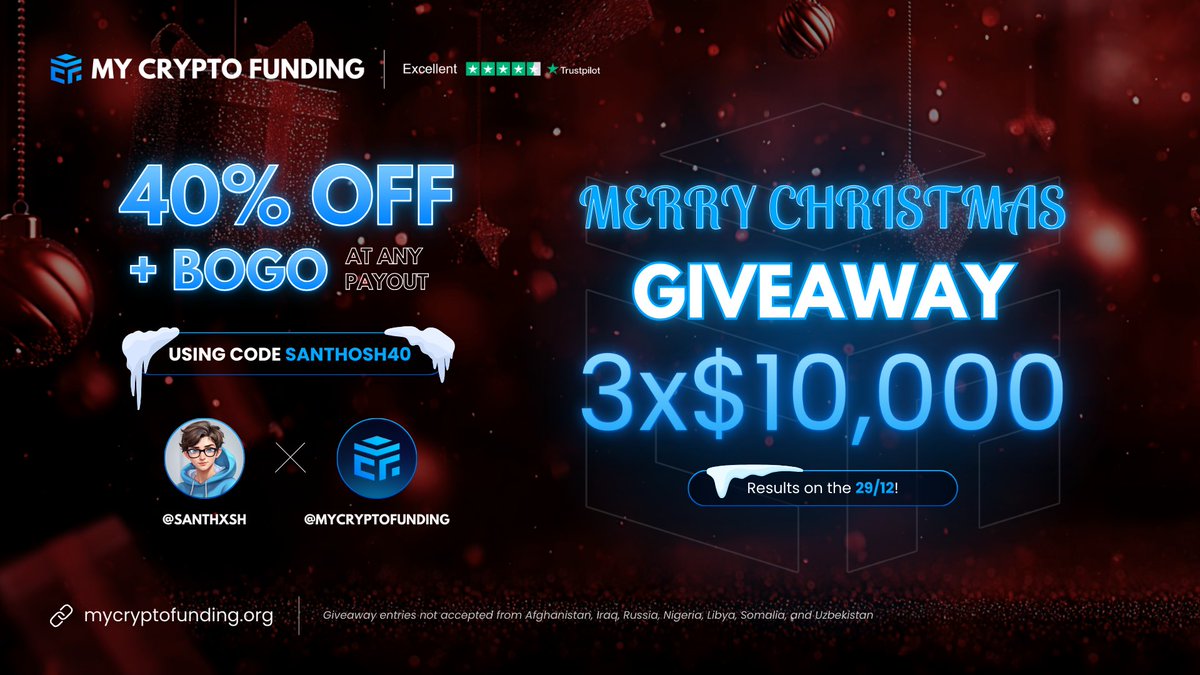Christmas Giveaway <a href="/MyCryptoFunding/">My Crypto Funding</a> 🔥

Use code - SANTHOSH40 for 40% OFF + BOGO on payout

🎁 3 x 10,000 Giveaway 🎁

Rules:

1. Follow - <a href="/santhxsh/">santhosh</a> <a href="/MyCryptoFunding/">My Crypto Funding</a> <a href="/Gameify_journal/">Gameify</a> 
2. Like &amp; Retweet 
3. Tag 3 friends