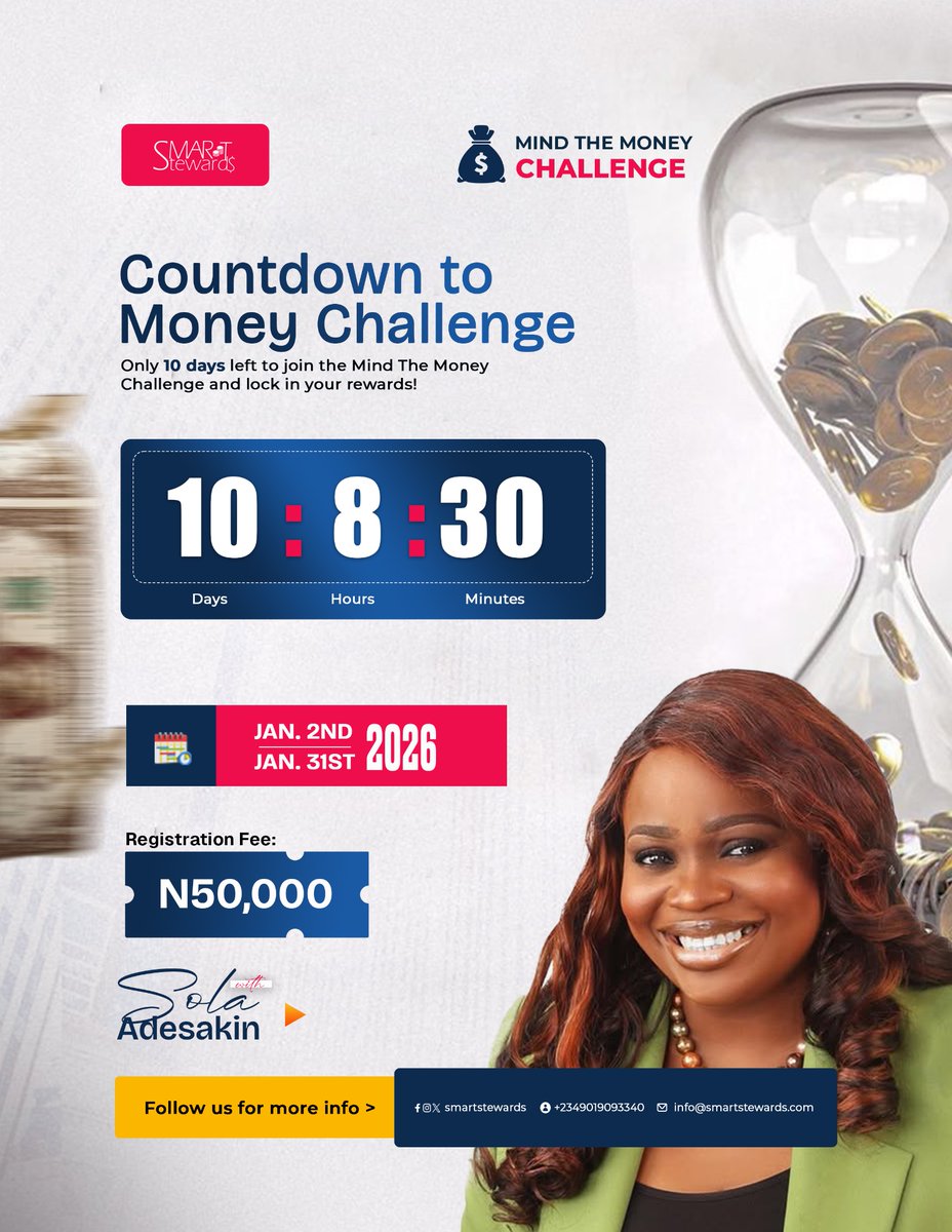 Stewardship is a mindset.

In 10 days, we begin the journey to intentional money management.
Join the Mind The Money Challenge and prepare for overflow 

Kindly Register page.smartstewards.com/mmchallengejan…