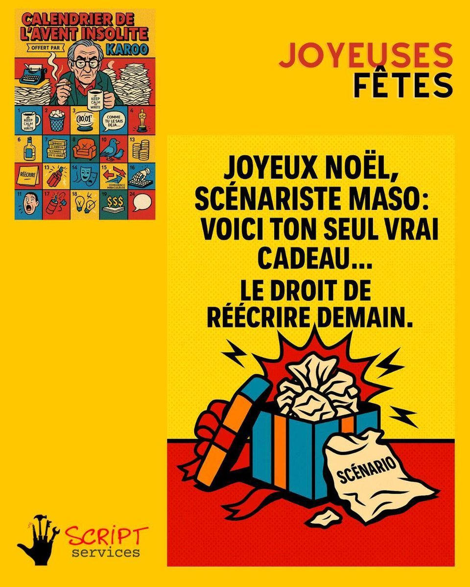 🎄Chaque jour : une vérité qui gratte, un conseil qui claque et un petit électrochoc dramaturgique pour booster ton écriture.
Pas de chocolat 🍫. Juste ce qu’il faut pour avancer.

#calendrierdelavent #karoo #scenario #ecriture