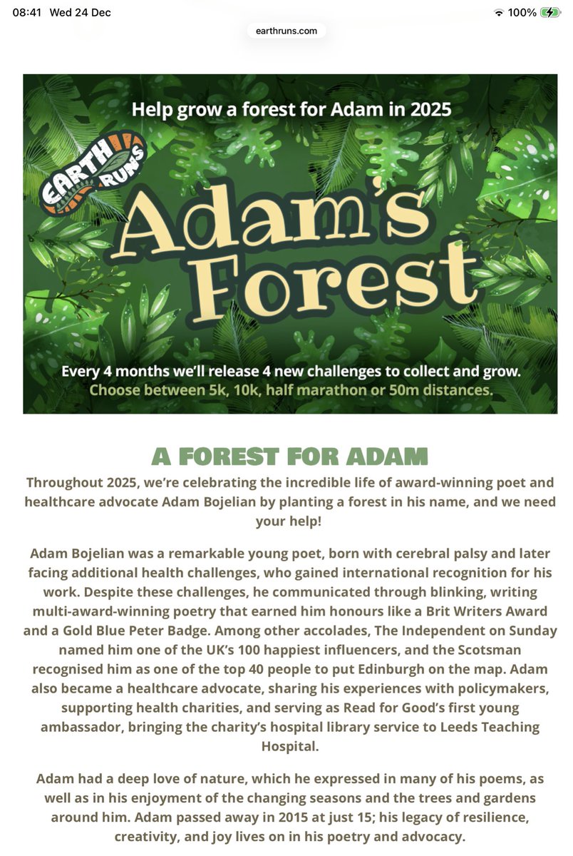 4AdsthePoet's tweet photo. Thinking of going for a walk, run, cycle, buggy ride over the festive period? You can help plant #AdamsForest by signing up for a @Earthruns4trees in his memory

Click on link for full details: 

https://t.co/oW1UVWkgYV

Please repost to spread the news https://t.co/BCXGLv1wQ8