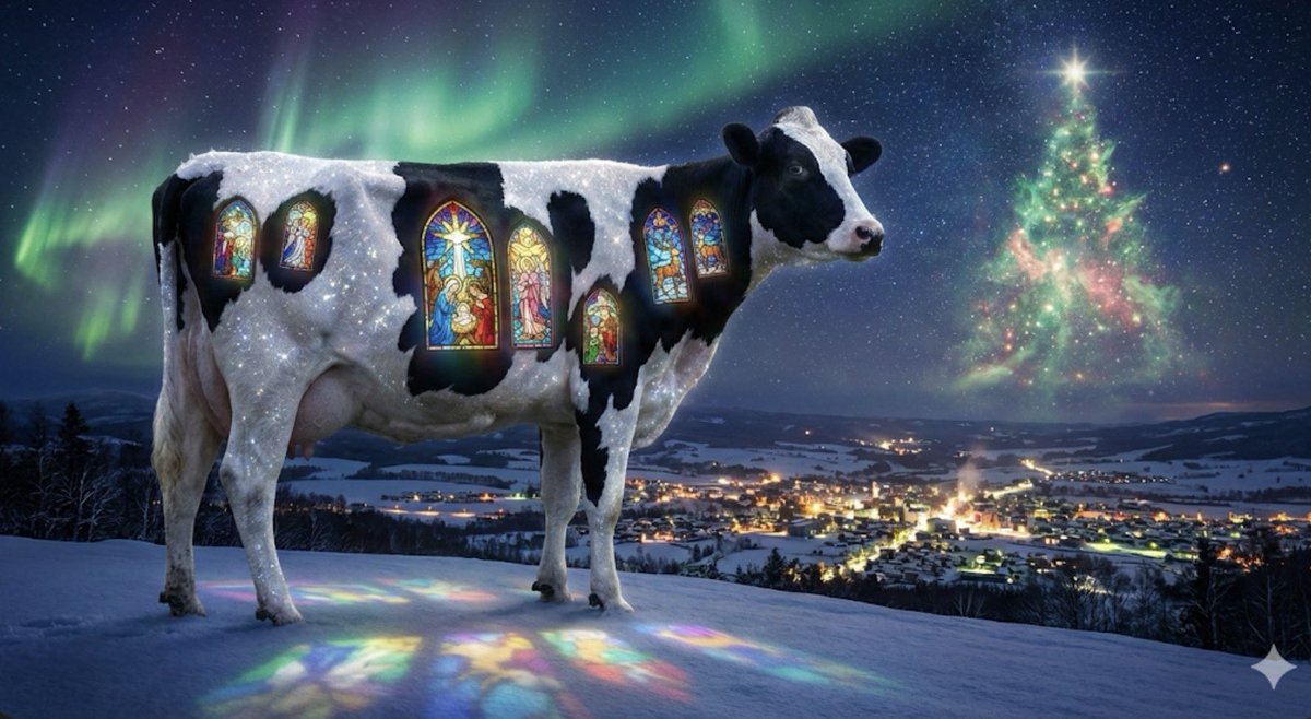 まさに今、クリスマスイブの上士幌で見たい奇跡の光景です。牛さんの体