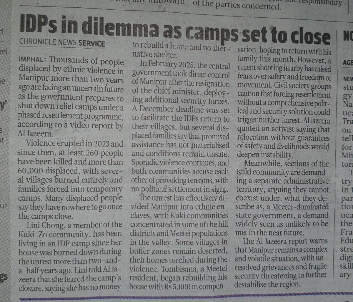 Urmila92531581's tweet photo. Found a good summary of #Manipur's current situation in today's The People's Chronicle. The people living in the relief camps have used up all their patience and want to go back to where their houses had once stood- safe or unsafe. https://t.co/58tJZ5IH2Q