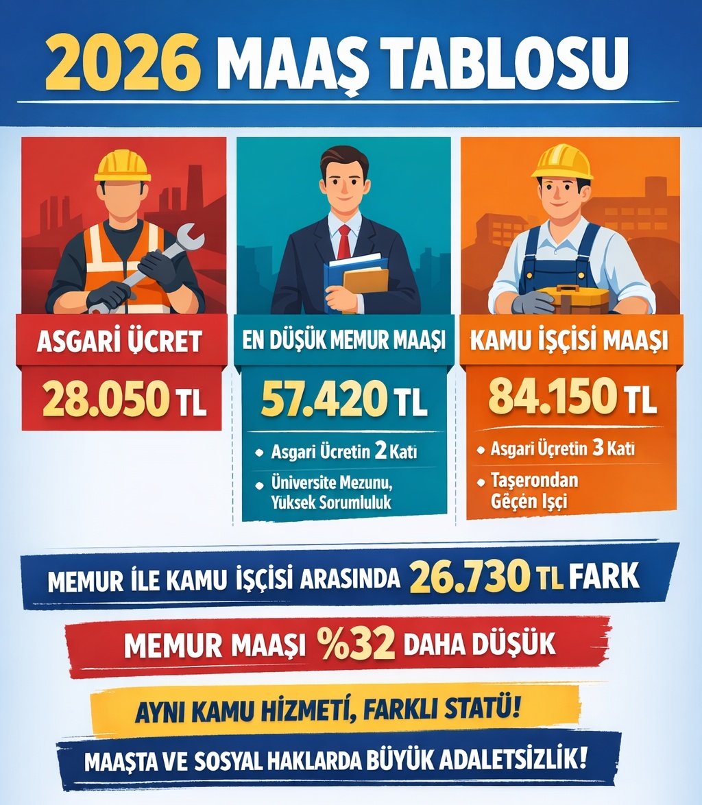 TÜRK-İŞ yoksulluk rakamı : 97.159 TL 

2026 yılı Ocak ayı :

Asgari ücret : 28.075 TL,

En düşük memur maaşı 57.400 TL,

Taşerondan kadroya SINAVSIZ geçirilen en düşük işçi geliri: 84.000 TL.

Yoksulluk sınırı farkını kapatan ne müfettiş,ne uzman,ne mühendis..

#memur