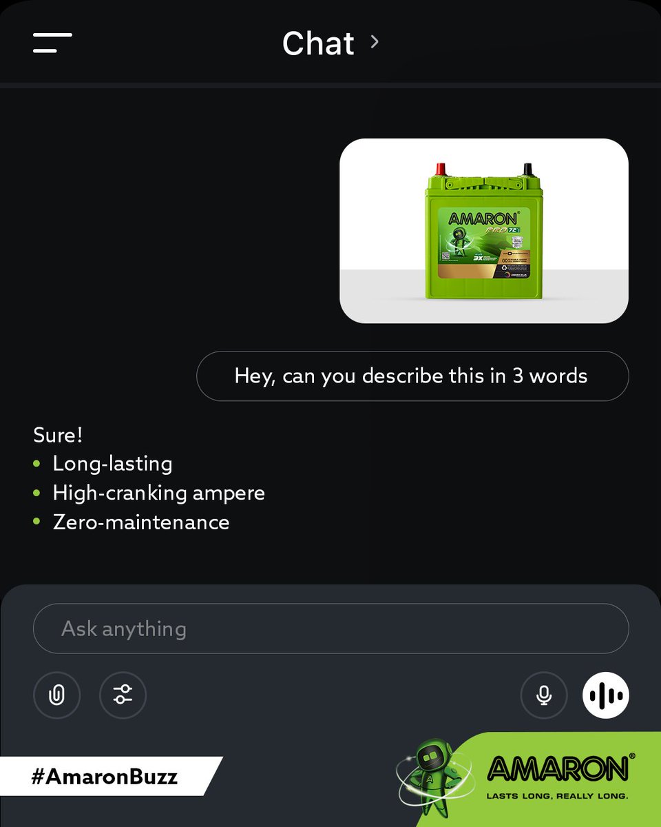 amaronofficial's tweet image. POV - You asked AI about power. It answered - Amaron.

[Car battery Amaron, strong crank battery, 4-wheeler vehicle battery, Best battery India]

#Amaron #CarBattery #DriveStrong #AmaronBuzz