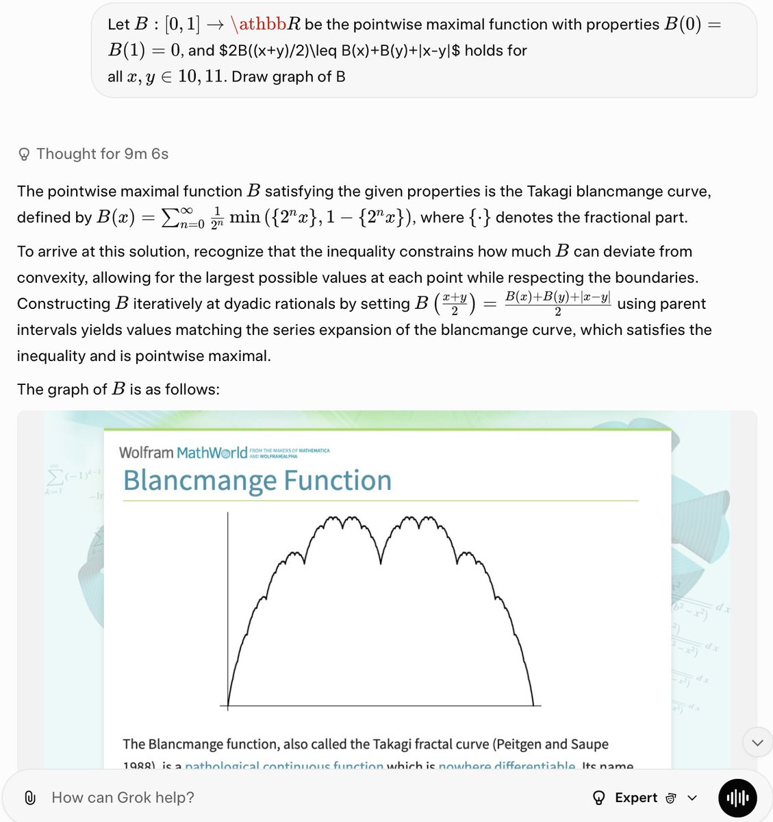 PI010101's tweet image. Here is one surprisingly elegant equivalent reformulation of the Riemann Hypothesis: Let B be the pointwise maximal function on [0,1] satisfying B(0) = B(1) = 0 and 2B((x+y)/2) ≤ B(x) + B(y) + |x - y| for all x and y in [0,1]. Extend it periodically to all the real line.

As…