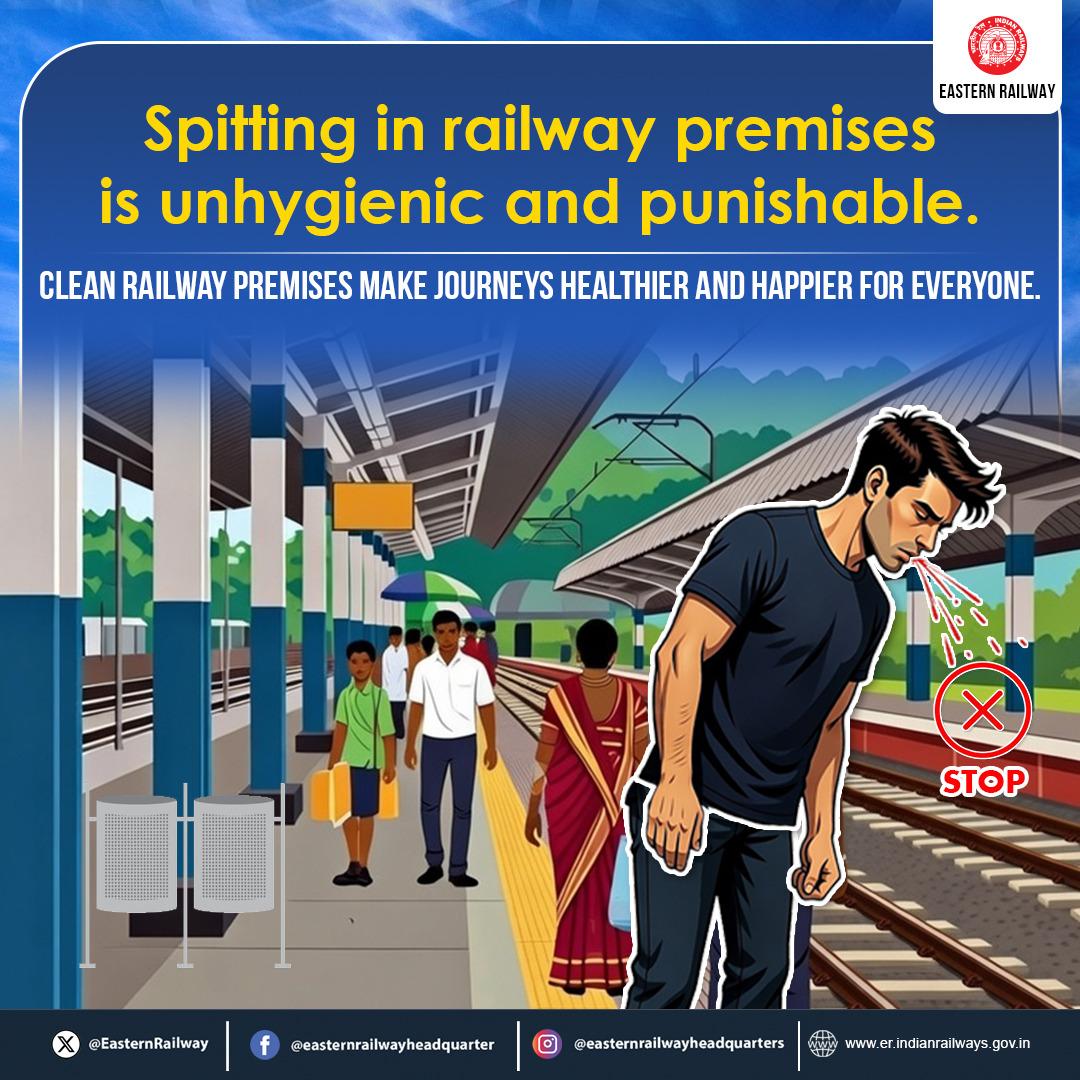 EasternRailway's tweet photo. Spitting on railway premises is unhygienic and punishable.
Let’s keep our stations clean.
#NoSpitting #CleanRailways #PublicHealth #ResponsiblePassenger #IndianRailways #EasternRailway https://t.co/5sQNwLTOXO