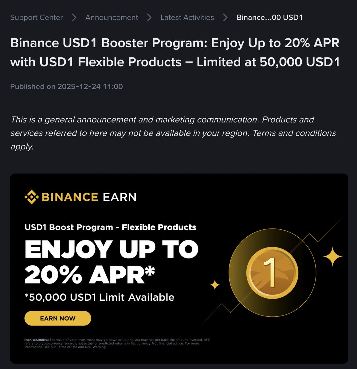 catwychan's tweet photo. USD1 Fixed 20% APY on Binance Simple Earn. 6.3% for SolvBTC holders! 

- Borrow USD1 using SolvBTC on @lista_dao (~5% APR), then deposit it into Binance.

- Borrow USDT (~5%) or USDC (~3.9%) using SolvBTC or xSolvBTC on the @VenusProtocol Core Pool, deposit into Binance, and swap to USD1.

Currently USD1–USDT is trading at ~1.002 (a ~0.2% premium), so the effective APY is ~17.6%.

17.6% − 5% ≈ 12.6% net, or 6.3% in SolvBTC-denominated terms (LTV 50%).

The campaign lasts 30 days.

Merry Christmas! 🎁
