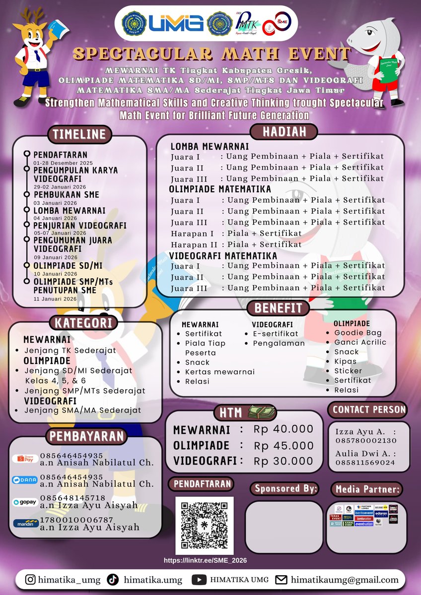 𝐒𝐏𝐄𝐂𝐓𝐀𝐂𝐔𝐋𝐀𝐑 𝐌𝐀𝐓𝐇 𝐄𝐕𝐄𝐍𝐓 𝟐𝟎𝟐𝟔 
(Mewarnai, Olimpiade Matematika &amp; Videografi)

👤 Contact person :
- 085780002130 (Ais)
- 085811569024 (Dwi)

gresiknews.id/2025/12/blog-p…

#𝐒𝐏𝐄𝐂𝐓𝐀𝐂𝐔𝐋𝐀𝐑 #𝐌𝐀𝐓𝐇 #𝐄𝐕𝐄𝐍𝐓 #𝟐𝟎𝟐𝟔 #Events #UMG #Himatika