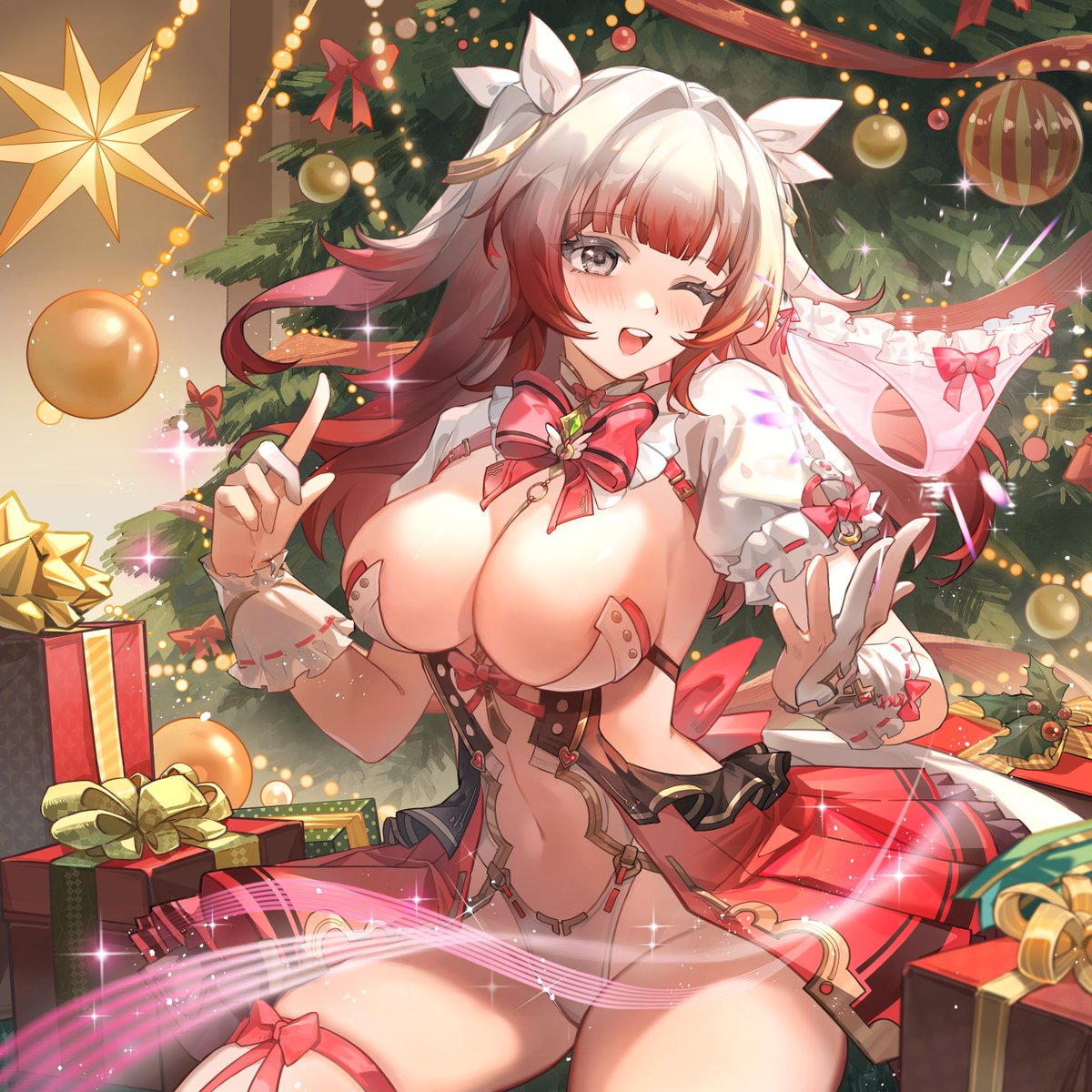 SnowbreakJP's tweet image. 「メリークリスマス！」

星が瞬く窓辺、鈴の音が夜を彩る。
ネオンに照らされたツリーの下、少女たちは華やかに装い、想いと甘い気持ちを愛する人へ捧げる。

「えへへ、分析員、見て見て！ブブの特別な魔法を込めたお守りだよ！ちゃんと身につけてね！」…