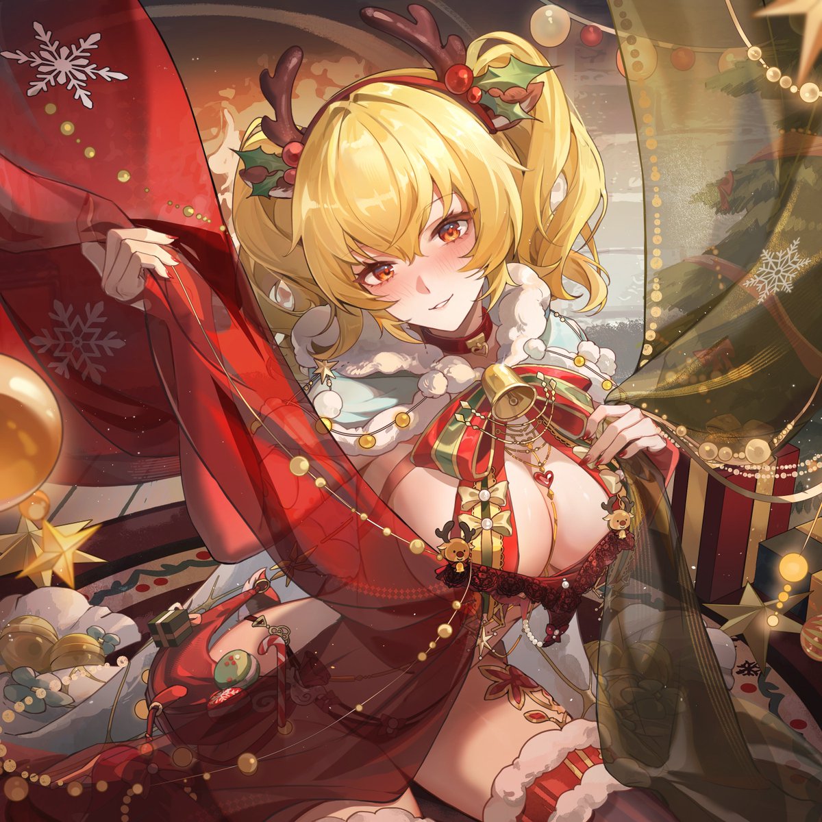 SnowbreakJP's tweet image. 「メリークリスマス！」

星が瞬く窓辺、鈴の音が夜を彩る。
ネオンに照らされたツリーの下、少女たちは華やかに装い、想いと甘い気持ちを愛する人へ捧げる。

「えへへ、分析員、見て見て！ブブの特別な魔法を込めたお守りだよ！ちゃんと身につけてね！」…