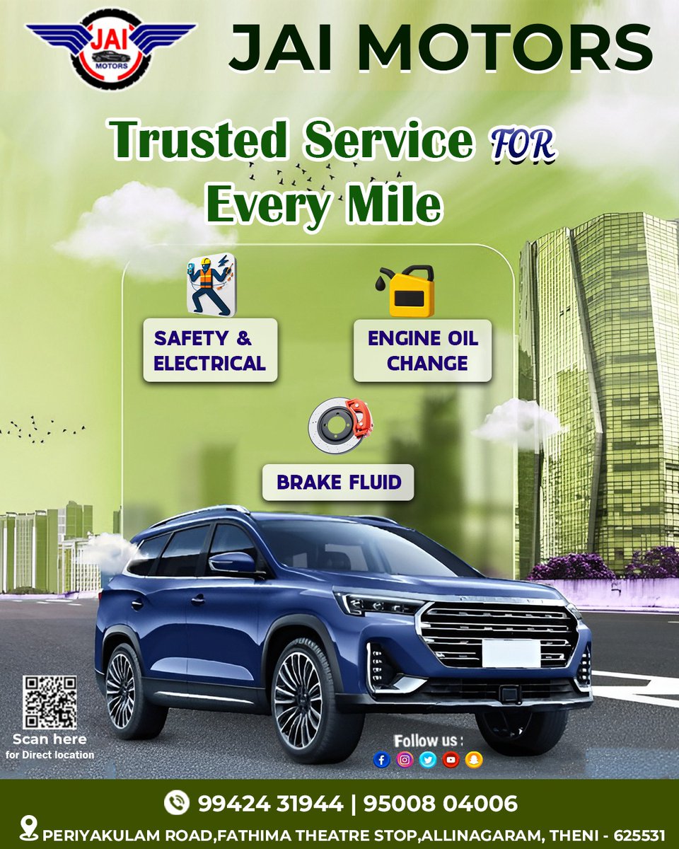 JaiMotors1's tweet image. Trusted service for every mile 
From safety checks to oil changes, Jai Motors keeps your car running smooth.
Visit us today!

📍 Allinagaram, Theni
📞 99424 31944 | 95008 04006

#JaiMotors #CarService #TrustedService #EveryMileMatters #EngineOilChange #BrakeService #VehicleCare
