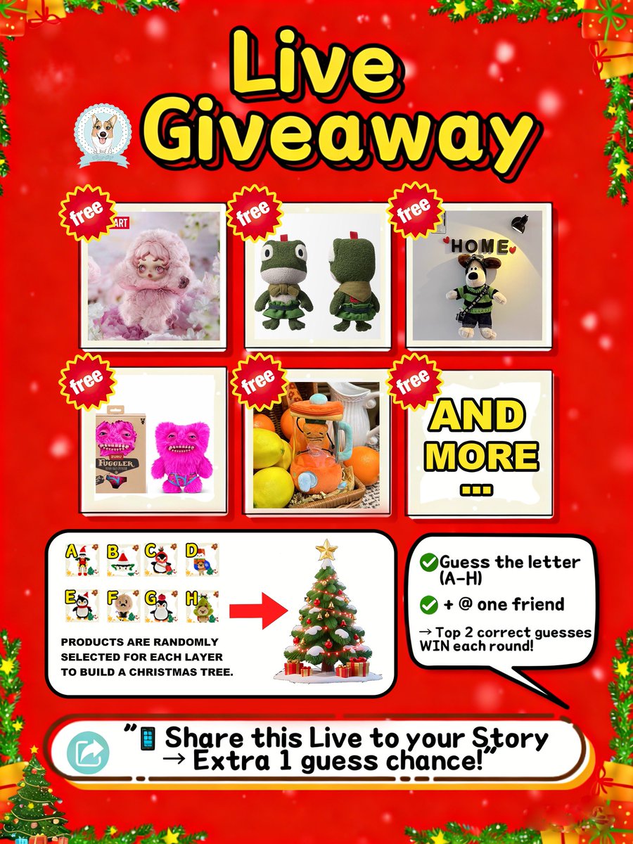 🔥Christmas Live Carnival 🎄 Blind Bag Giveaway Alert!🎁

🧸Original Christmas plush toys are rolling out in full force! 8 exclusive designs (labeled A-H) will be hung on the Christmas tree one by one during the live stream～

📌Participation Rules
1. The number(A-H) of the plush