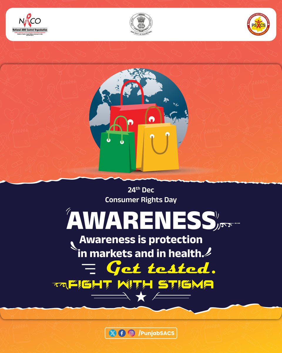punjabsacs's tweet image. 🛡️📢 Consumer Rights Day
Awareness protects in markets and in health.
🧪 Get tested. 🤝 Fight stigma.
.
.
.
#ConsumerRightsDay #AwarenessMatters #RightToHealth #PSACS #PunjabStateAIDSControlSociety #HIVAwareness #EndHIV #StopHIV #KnowYourStatus #HIVAidsPrevention #HIVTesting