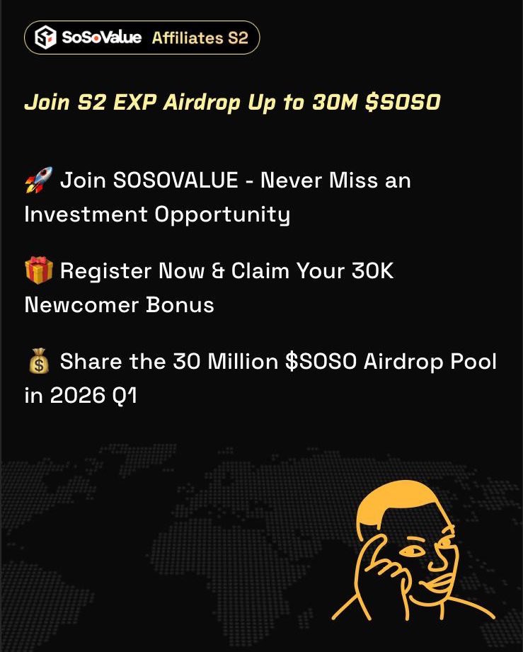 + CAM I GET A GM?❤️‍🔥.

<a href="/SoSoValueCrypto/">SoSoValue</a> S2 Airdrop 🪂.

~ airdrops is confirmed.✅ 
~ cost: zero dollar.
~ duration: 5mins

join SOSOVALUE - never miss an investment opportunity.

register now &amp; claim your 30k newcomer bonus.
 
share the 30 million $SOSO airdrop pool in 2026 Q1.