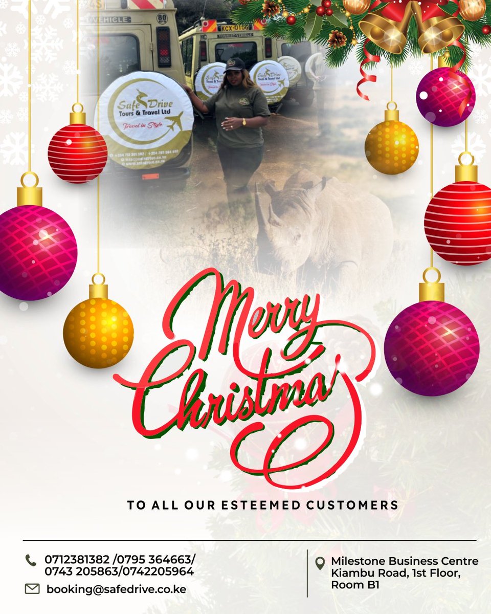 Season's greetings from Safe Drive Tours! Wishing you a Merry Christmas and a year of amazing journeys. ✈️ #KenyaTravel #ChristmasVibes #SafeDrive