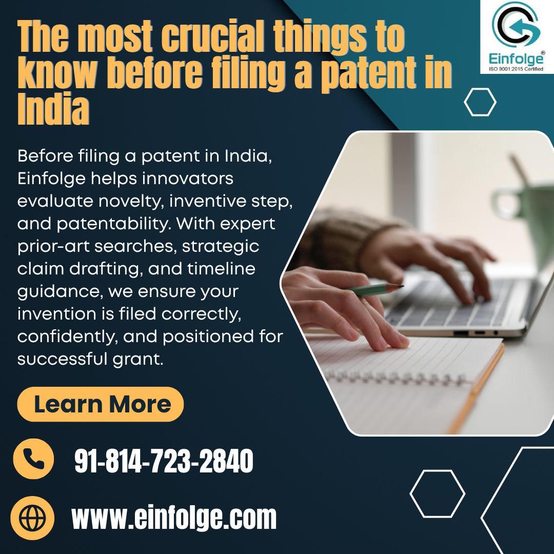 Einfolge's tweet photo. #Einfolge helps #innovators evaluate #novelty, inventive step, and #patentability
visit: https://t.co/DNMGmA13hX
#PatentFilingIndia #IndianPatents #IPStrategy #Patentability #PriorArtSearch #PatentDrafting #StartupIP #InventorSupport #IPExperts #Einfolge #Einfolgetechnologies https://t.co/kigUqZLLol