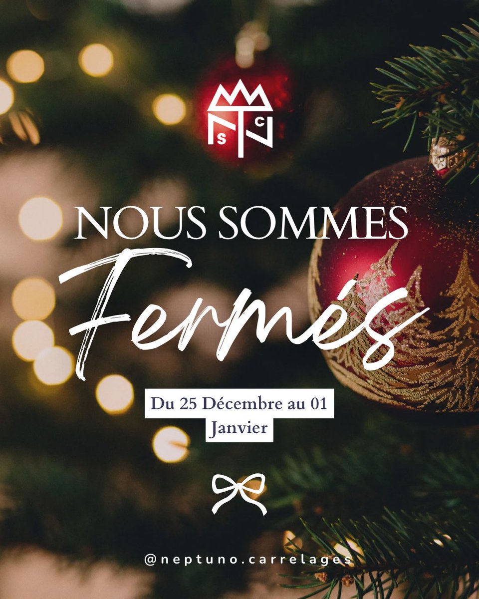 NeptunoSA's tweet photo. 🎄 Fermeture pour congés annuels 🎄

Notre établissement sera fermé du 25 décembre au 1er janvier inclus.

📅 Le 24 décembre, nous fermerons exceptionnellement à 13h.
🚪 Réouverture le 2 janvier à 8h, pleinement opérationnels pour démarrer la nouvelle année. https://t.co/WE8CVfejjS