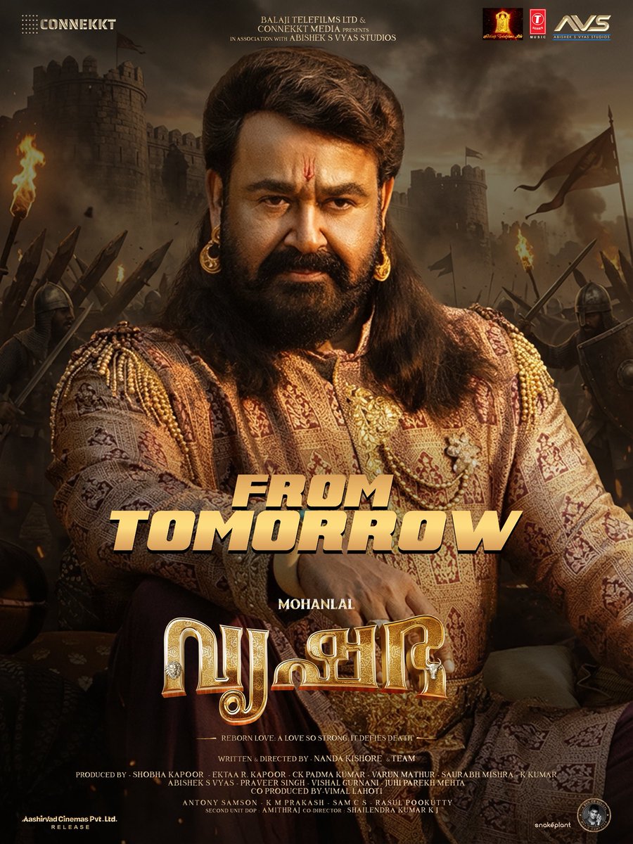 aashirvadcine's tweet photo. The wait is finally over - tomorrow the epic begins #Vrusshabha🔥

Book your seats now: https://t.co/sZvh20gba8

#RoarOfVrusshabha #VrusshabhaOn25thDecember https://t.co/u5NUF5cITj