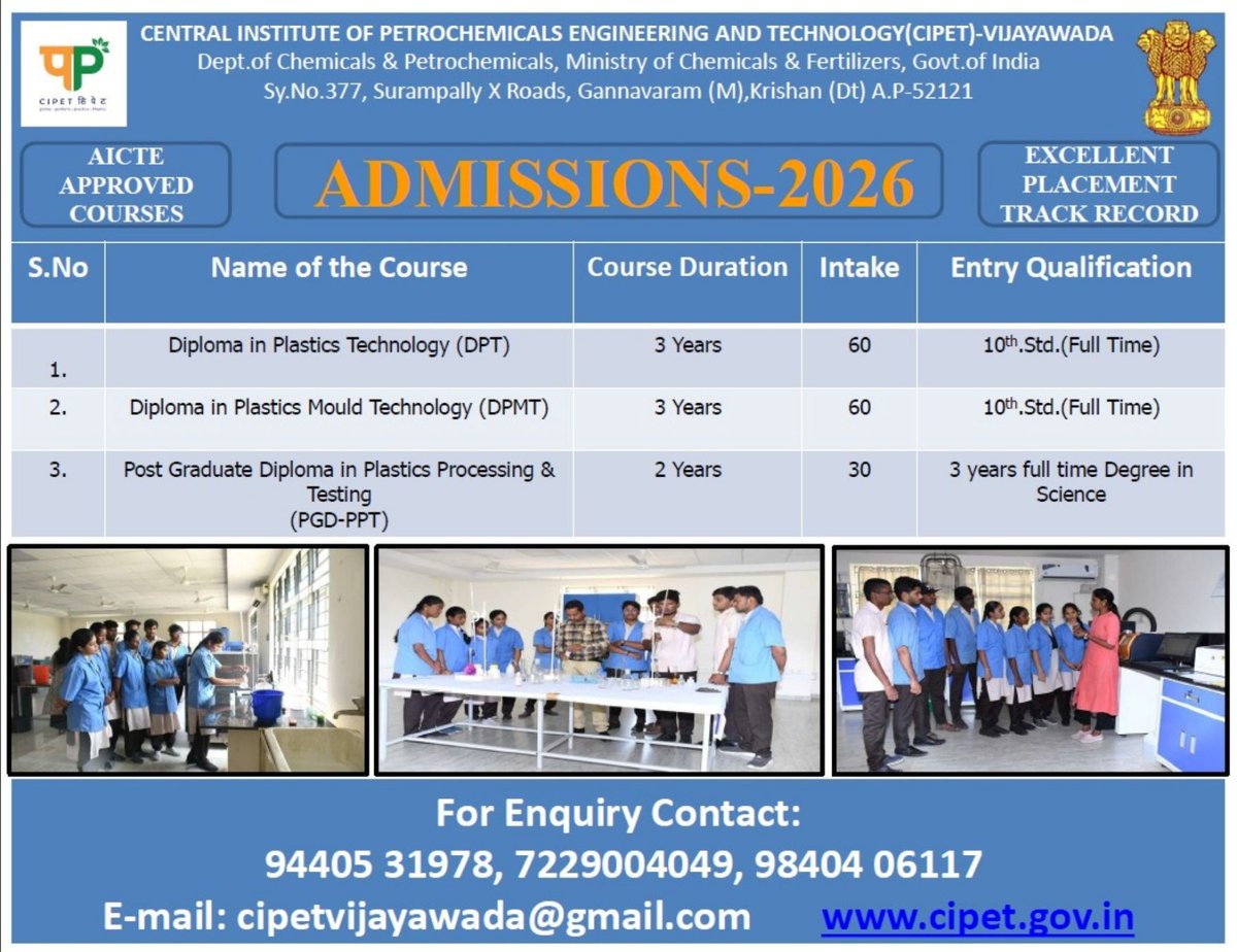 CipetV's tweet photo. Shape the future with CIPET! 🚀 CAT 2026 is now open! 📢 Diploma & PG Diploma in Plastics Tech, Mould Design & more! Admissions open @cipetvijayawda
Apply now: (https://t.co/zsKbTtcl7P) #CIPET #CAT2026 #Vijayawada #education #CareerGrowth #plastictechnology https://t.co/9k7cThG5f8