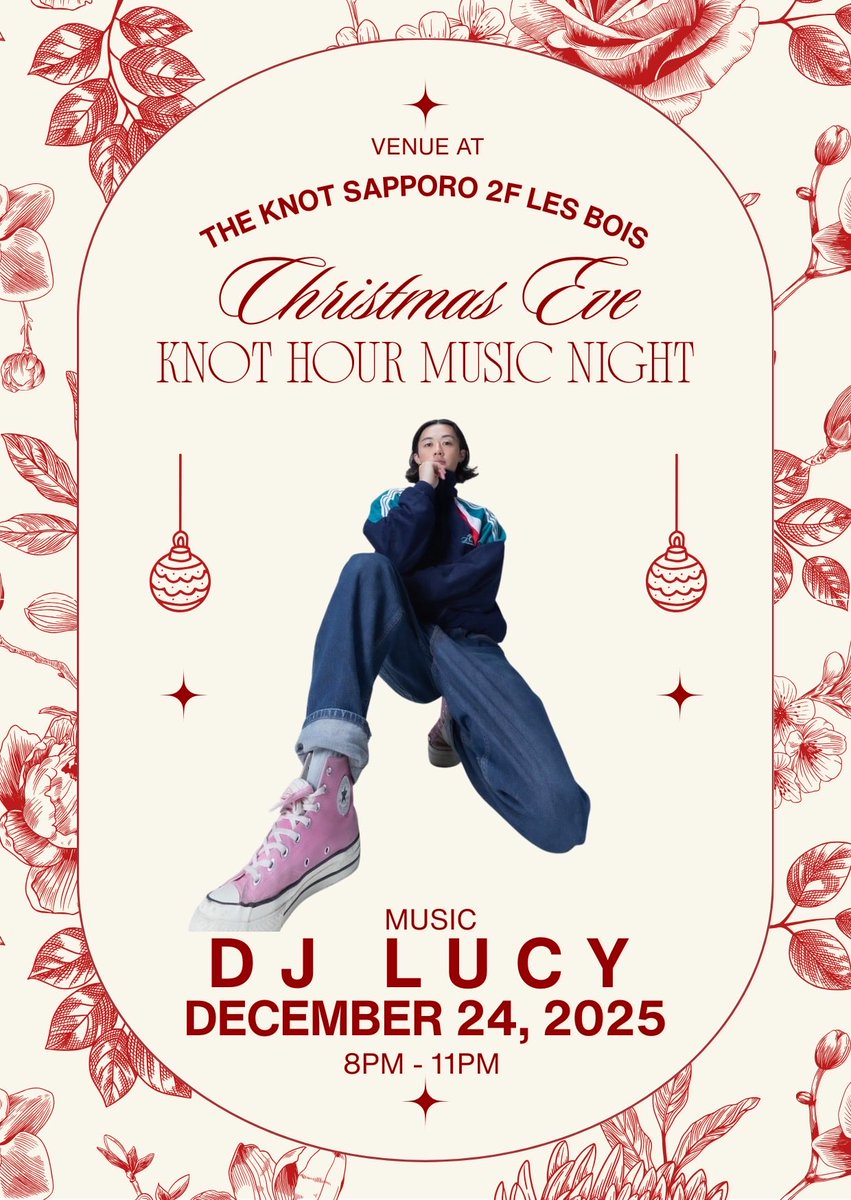 クリスマスイヴの今夜は
20時〜23時まで南3西3にあるthe KNOT HOTELで、TAMAさんLUCYとDJです🎄

東京事変創立メンバーであるギタリストのMIKIO HIRAMAさんによるLIVEも✨

クリスマスカクテルもあるみたいです😍
お気軽にお立ち寄りください〜♥️🎅