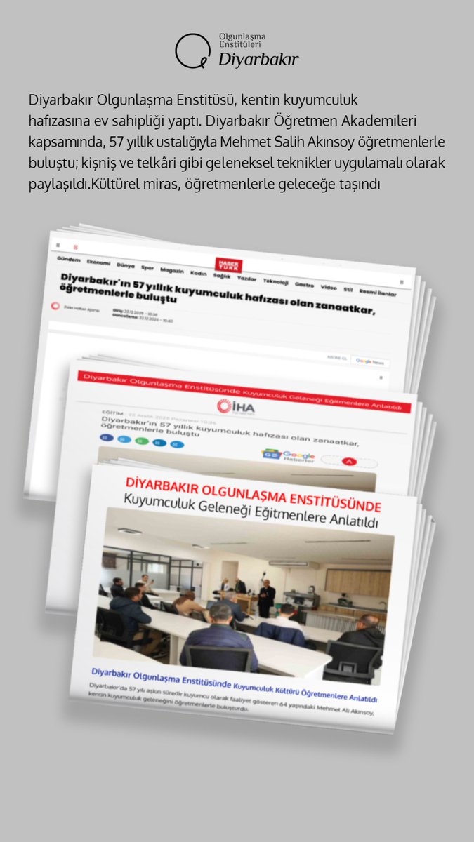 Diyarbakır Olgunlaşma Enstitüsü, kentin kuyumculuk hafızasına ev sahipliği yaptı. Öğretmen Akademileri kapsamında, 57 yıllık usta Mehmet Salih Akınsoy ile kişniş ve telkâri gibi geleneksel teknikler uygulamalı olarak paylaşıldı. Kültürel miras, öğretmenlerle geleceğe taşındı. ✨