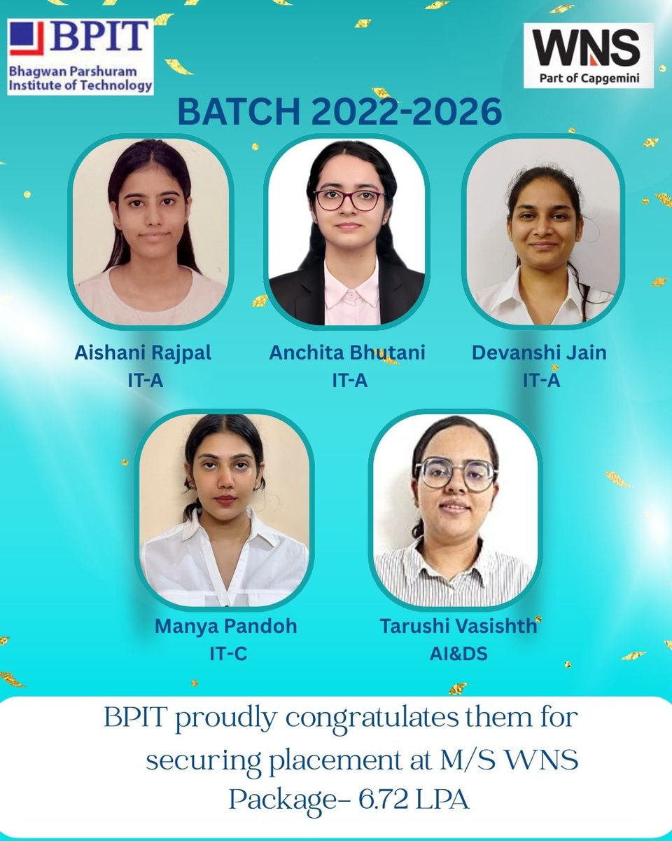BpitIndia's tweet photo. #BPITians secure their place at #WNS!👌💻

We are pleased to relay that 5 students of the 2026 batch:
1. Tarushi Vasishth
2. Aishani Rajpal
3. Manya Pandoh
4. Anchita Bhutani
5. Devanshi Jain
Have been selected as Apprentices at WNS, with a #package of 6.72 lpa
#bpit #ggsipu #fyp https://t.co/Ct6bnlSO6Z