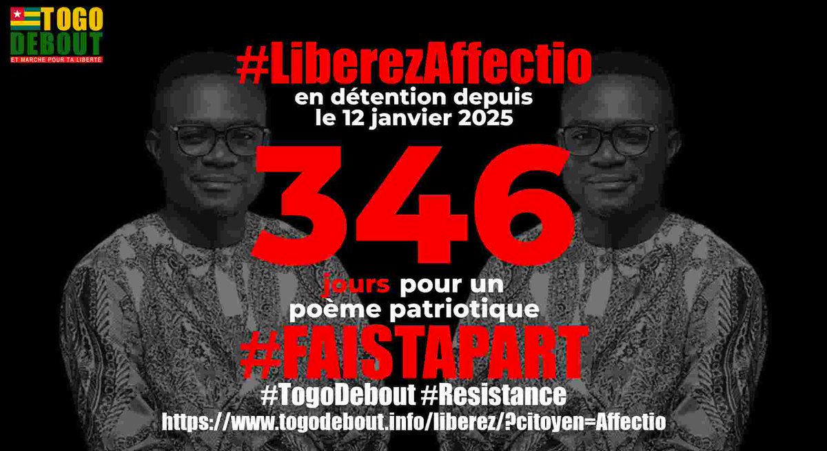 Libérez Affectio / Free Affectio

Affectio est arbitrairement detenu depuis 346 jours

togodebout.info/liberez/?citoy…

#LiberezLesPrisonniersPolitiques
#LiberezAffectio #FreeAffectio
#FreeTogo
#TogoDebout
#FaureMustGo