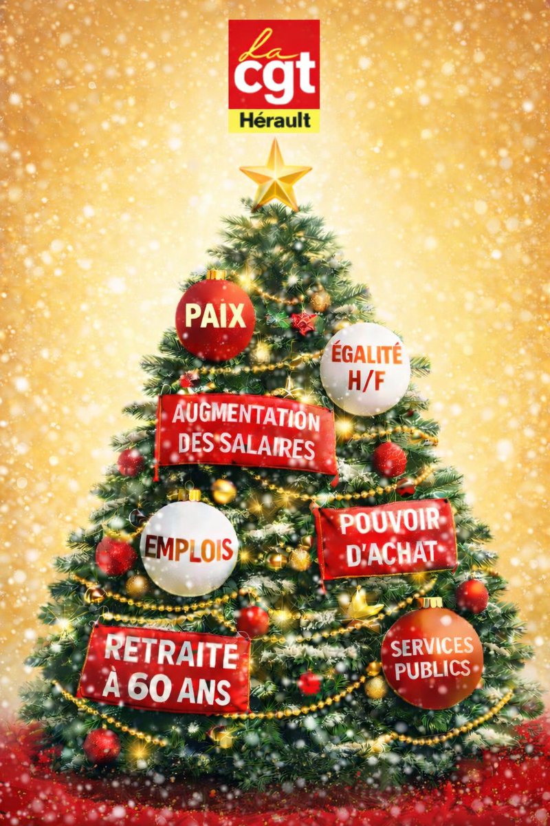 🎄✨ La #CGT Hérault vous souhaite de très bonnes fêtes de fin d’année !
Solidarité, repos et moments partagés avec vos proches !
À très bientôt pour continuer les luttes ensemble ✊🎁